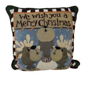 Holiday Vintage Tapestry Reindeer We Wish You A Merry Christmas Pillow Home Deco